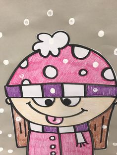 a child's drawing of a girl wearing a pink hat with polka dots on it