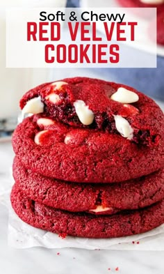 red velvet cookies stacked on top of each other