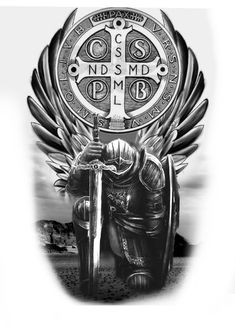 a black and white photo of a knight on a motorcycle with wings around his head