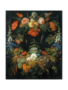 a painting with flowers and fruit in it on a black background by an unknown artist