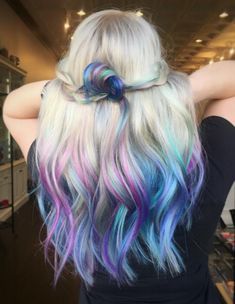 Purple And Blue Hair Balayage, Purple And Turquoise Hair Highlights, Peekaboo Highlights For Blonde Hair, Purple Teal Hair, Blonde Hair With Pop Of Color, Green Balayage, Hair Peekaboo, Purple Blonde Hair, Purple Blonde