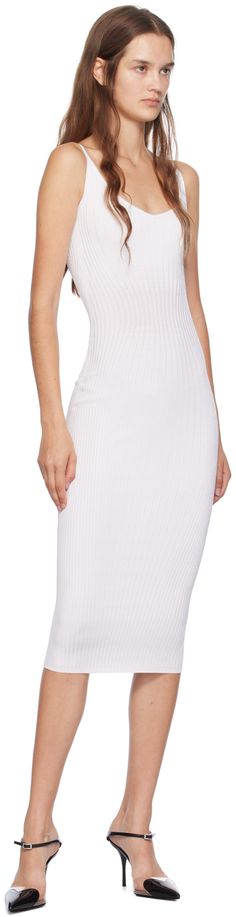 Rib knit stretch rayon- and nylon-blend dress. Scoop neck. Supplier color: Off white White Ribbed Stretch Bodycon Dress, White Stretch Midi Bodycon Dress, White Stretch Bodycon Midi Dress, White Stretch Midi Length Bodycon Dress, Elegant White Ribbed Bodycon Dress, White Scoop Neck Bodycon Dress, White Stretch Knee-length Bodycon Dress, White Stretch Bodycon Dress Knee-length, White Stretch Bodycon Dress For Evening