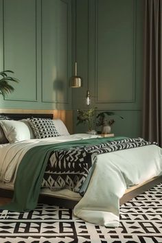 a bedroom with green walls and black and white rugs on the floor next to a bed