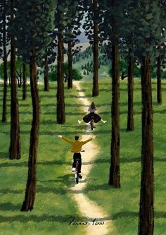 two people riding bikes down a dirt road in the middle of a forest with trees