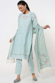 Featuring a cloud blue kurta in linen base with crochet applique and rose embroidery. It is paired with matching straight pants and printed scarf.  FIT: Fitted at bust and waist. COMPOSITION: Linen. CARE: Dry clean only. Blue Kurta, New Address, Printed Scarf, Indian Clothes, Rose Embroidery, Change Of Address, Crochet Applique, Pernia Pop Up Shop