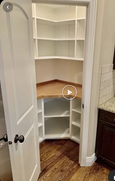 an empty pantry is shown with the door open to reveal it's own storage area