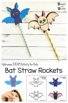 Flying Bat Straw Rockets with Free Printable Bat Template - Buggy and Buddy Bat Activities For Kids, Straw Rockets, Halloween Science Activities, Straw Rocket, Bats Activities, Halloween Stem Activities, Bat Template, Bats For Kids, Steam Activity