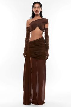 Deme By Gabriella | Brown Rouched Top And Pleated Skirt | INDIASPOPUP.COM Rouched Top, Brown Crop Top, Draped Skirt, Gathered Skirt, Aza Fashion, Skirt Top, Long Skirt, Pleated Skirt, Skirt Set