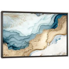 an abstract painting with gold, blue and white colors on the canvas is hanging in a black frame