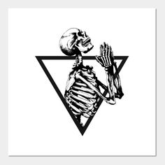 a black and white drawing of a skeleton holding a human skull in the shape of a triangle