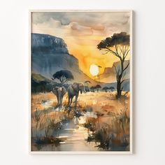 watercolor painting of elephants in the wild at sunset