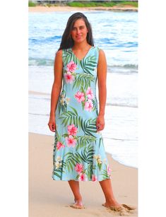 Ladies Hawaiian Aloha Print Dress, Bias Cut V-Neck, Mid-Calf Length, Comfortable, Pullover. Manufacturer: RJC Robert J Clancey 100% Rayon - Made in Hawaii. Measurements Below are of the Actual Garment To Insure a Proper Fit - it is Suggested You Measure a well Fitting Dress and Compare Against the Sizing Chart Below. THESE MEASUREMENTS ARE OF THE GARMENT. The bust is taken from the the front of dress under the armpits from seam to seam that # doubled for the total circumference, there is about 1 Wrap Skirt Pants, Tropical Outfit, Aloha Print, Pink Hibiscus, Tropical Dress, Fitting Dress, Aqua Dress, Tea Length Dresses, Ruffled Sleeve Top