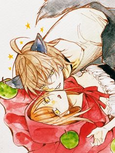 two anime characters laying on top of each other with apples in front of their faces