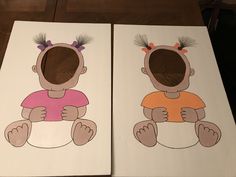 two children's cut outs with hair on them