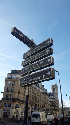 a street sign with several directions on it in the middle of a busy city square