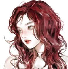 a drawing of a woman with long red hair and blue eyes, wearing a bra