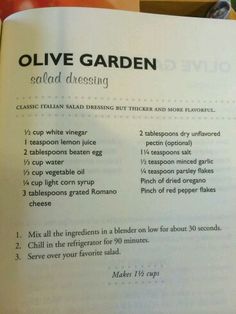 an open book with instructions on how to make olive garden salad dressing