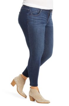 A slimming dark rinse enhances the sleek, legging-like fit of jeans cut from exceptionally soft and comfortable stretch denim. The 'Ab'solution design flatters with power-mesh panels to mold and hold, including a waistband with interior-control and booty-lift construction. 28" inseam; 11" leg opening; 10 1/4" front rise; 19" back rise (size 18W) Zip fly with button closure Five-pocket style Dark dye may transfer to lighter materials 52% cotton, 34% modal, 12% polyester, 2% spandex Machine wash, tumble dry Imported Women's Clothing Fall Mid-rise Dark Wash Jeggings, Style Dark, Dark Navy, Stretch Denim, Women's Clothing, Sleek, Nordstrom, Clothes For Women, Clothes