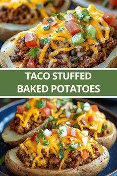 taco stuffed baked potatoes on a blue plate