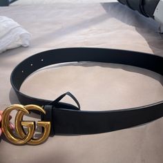 A Gucci Belt Worn Twice, Great Condition Gucci Formal Belt With Metal Logo, Black Designer Gucci Belt Buckle, Luxury Black Gucci Belt Buckles, Gucci Luxury Gold-tone Belt, Luxury Gucci Belt With Gold-tone Logo Plaque, Gucci Marmont, Gucci Accessories, Gucci Belt, Wide Belt