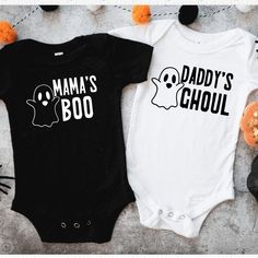 Mama's Boo or Daddy's Ghoul Halloween Baby Bodysuit Salt and Sparkle My First Halloween Onesie, Playful Fitted Black Onesie, Black Fitted Playful Onesie, White Bodysuit For Halloween Costume Party, Black Playful Bodysuit For Casual Wear, Black Onesie For Halloween Playtime, Black Halloween Onesie For Playtime, Funny Fitted Black Onesie, Fitted Cute Black Bodysuit