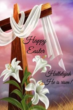 a cross with white flowers on it and the words happy easter written in large letters