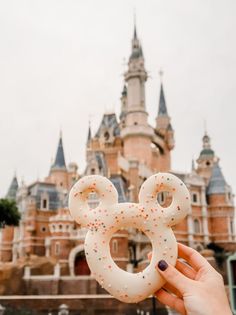 a person holding up a pretzel in front of a castle