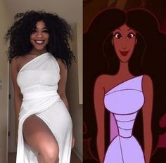 a woman in a white dress next to an image of disney character