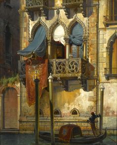 a painting of a gondola in front of a building with an open balcony