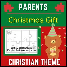 a christmas gift for children with a bear holding a present in front of the puzzle