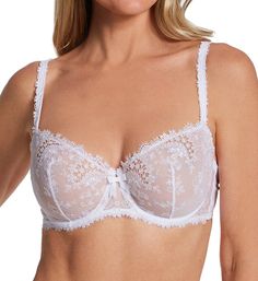 Exquisite embroidered tulle and guipure lace decorate this lovely underwire demi bra. Unlined (unpadded), darted underwire cups provide shape and support. Cup sizes D-F have non-stretch inner side support slings to give added lift at sides. Elasticized top cup edge gives a more custom fit. Sewn-on elastic underband for added support. Center panel - narrow, with arched underside for high tummy comfort, and bow at top. Sides and back have sewn-on elastic at edges for custom fit. Reinforced, seamed Underwire Bra With Lace Bodice, Elegant Underwire Bra With Lace Bodice, Lace Bra With Sweetheart Neckline And Lace Trim, Elegant Bra With Lace Bodice, Lace Bodice Bra For Weddings, Fitted Balconette Bra With Lace Trim, Full Coverage Lace Wedding Bra, Delicate Fitted Lace Bra, Delicate Lace Fitted Bra