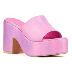 A round-toe shape ensures comfort for the Crush sandal, a bold platform slide. Endlessly versatile, it complements every look from work to weekends. Hot Pink Thick Heels, Affordable Pink Casual Jelly Sandals, Pink Disco Shoes, Clear Platform Shoes, Bright Colored Heels, Girl Money, Strappy Platform Heels, The Crush, Random Clothes