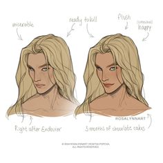 two different types of blonde hair are shown in this drawing, one with blue eyes and the