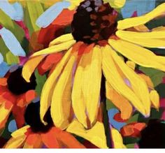 an oil painting of yellow flowers with red and green leaves on the bottom right side