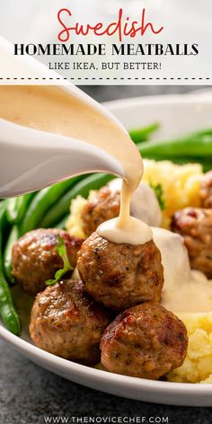 swedish meatballs with gravy being drizzled over them