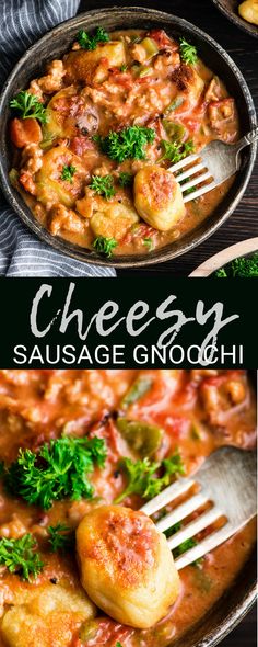 two photos with different types of food in them and the words cheesy sausage gnocchi