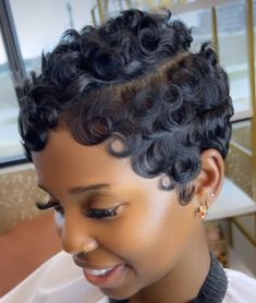 Curly Finger Waves, Short Pixie Curly Hairstyles, Short Curly Hairstyles For Black Women Curls Pixie Haircuts, Short Pixie Pincurls, Finger Waves With Curls, Jada Pickett Short Hair, Black Girls Pixie Hairstyles, Finger Waves Hairstyles For Black Women