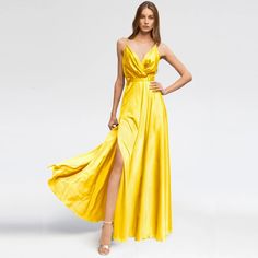 Satin Long Dress Yellow | Angelika Jozefczyk | Wolf & Badger Pre-draped Satin Maxi Dress, Maxi Length Satin Dress With Ruched Bodice For Gala, Satin Finish Maxi Evening Dress For Gala, Silk Floor-length Evening Dress For Gala, Gala Silk Floor-length Evening Dress, Pre-draped Silk Evening Dress, Modal Satin V-neck Party Dress, Pre-draped Satin Finish Maxi Evening Dress, Satin Draped Maxi Dress For Gala