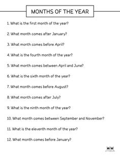 worksheet for the month of the year with numbers and words to print out