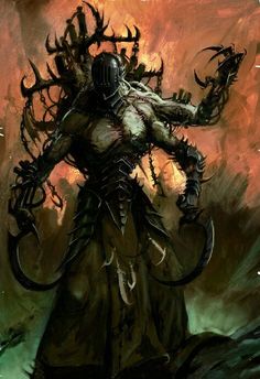 a painting of a demon with horns on it's head and hands in the air