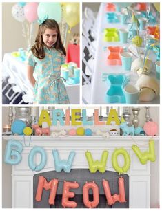 a girl standing in front of a fireplace with balloons and decorations on it, and the words bow wow meow spelled out