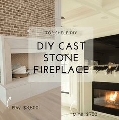 a fireplace with the words diy cast stone fireplace top $ 350 and below it