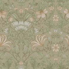 an old wallpaper with flowers and vines on it's side, in green