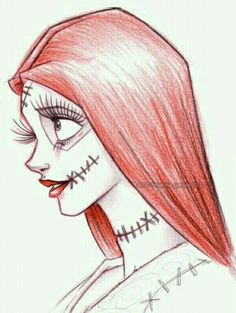 a drawing of a girl with red hair and skeleton make up on her face is shown