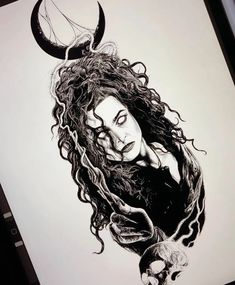 a black and white drawing of a woman with horns