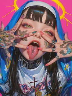 a painting of a girl with her hands in the air and tattoos on her face