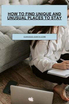 a woman sitting on the floor with her laptop and notepad in front of her