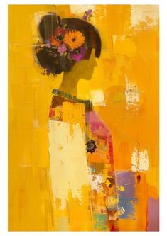 an abstract painting of a woman with flowers in her hair