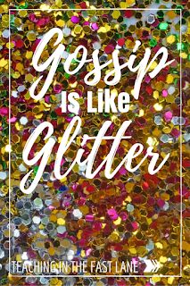 the words gossip is like glitter on a colorful background with multicolored sequins