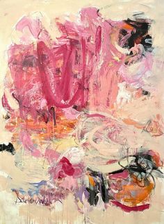 an abstract painting with pink and orange colors